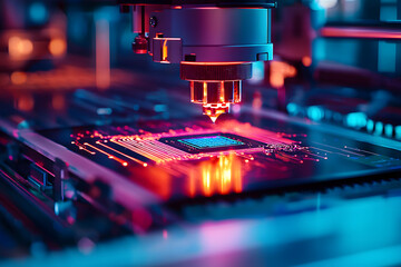 A close-up shot of an industrial laser machine in action,creating microchips semiconductor on the production line at a modern tech company's factory,manufacturing industry concept. 