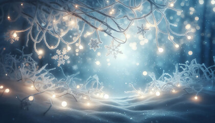 Wall Mural - A winter scene featuring frosted tree branches adorned with glowing string lights. Soft falling snowflakes fill the air while a blurred cool toned background creates a dreamy ethereal atmosphere