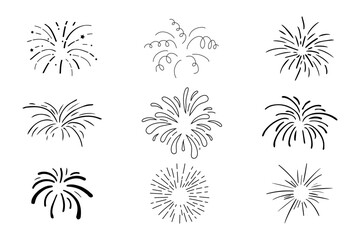 Wall Mural - set fireworks doodle line explosion radial sparkler with rays, hand drawn firecrackers simple and ro