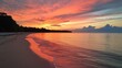 © Pricha.RT - A tranquil beach at sunset, with the sky painted in shades of orange and pink.
