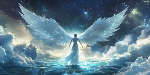 Sticker - A woman with large white wings stands in a starry