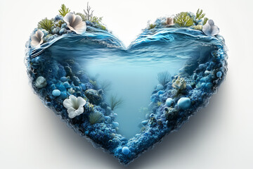 A heart-shaped underwater ocean ecosystem isolated against a clean white backdrop. For ocean conservation and environmental awareness concepts.