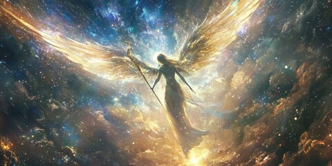 Sticker - Golden winged angel against a starry night.