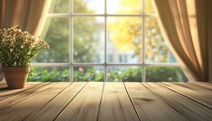 Poster - Wooden Surface In Front Of Blurry Window And Curtain In 3d Illustration: Stage Background For Natural Product Display.