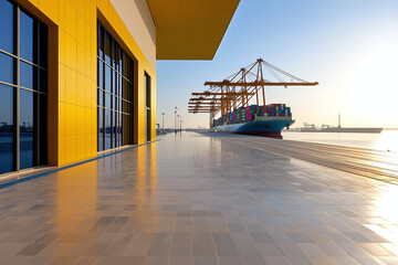 a modern container port in Abu Dhabi, with cranes and ships, showcasing the region's role in global trade