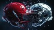 © Hansa & Party - A closeup of two football helmets, one crimson and one silver, smashing with dramatic shockwaves and flying fragments