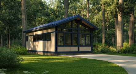 Wall Mural - 3D rendering of a small two-story house with a gable roof, light gray and dark brown wood cladding, a white concrete floor on the ground level