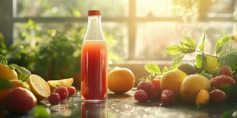 Wall Mural - A bottle of juice and fresh fruit in sunlight.