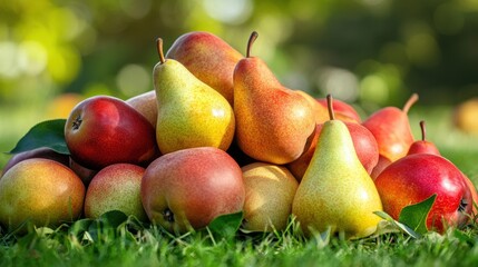 A pile of fresh pear closeup view on lawn in orchard with trees