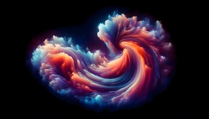 Abstract bright colorful twisting cloud shape on black background