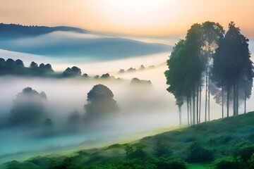 Wall Mural - beautiful forest landscape, misty morning, scenic nature with fog Generative AI