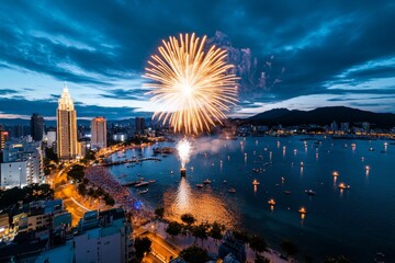 Panoramic photo, fireworks over a city, explosive colors light up the night sky in a celebration of light and sound