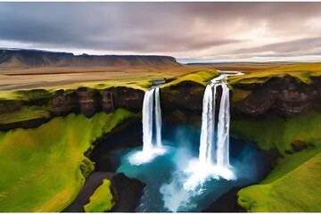 Wall Mural - Aerial drone footage of waterfall Seljalandsfoss on Iceland in Icelandic nature. Famous tourist attractions and landmarks destinations in Icelandic nature landscape on the ring road, South Generative 