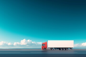 Red truck with white trailer driving on freeway against a clear blue sky with clouds in the background.