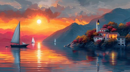 Wall Mural - Sunset seaside town with sailing ships colorful landscape with houses trees hills and water reflection scenic view travel concept background