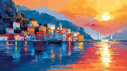 Wall Mural - Sunset seaside town with sailing ships colorful landscape with houses trees hills and water reflection scenic view travel concept background