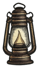 Vintage oil lantern with warm light in detail, cut out - stock png.