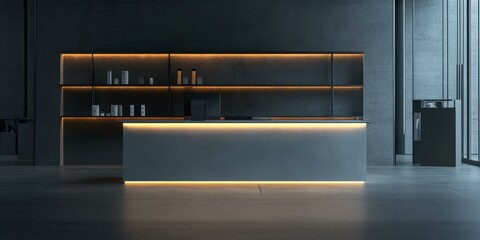 Sticker - Modern, minimalist, black and white interior with lit counter.