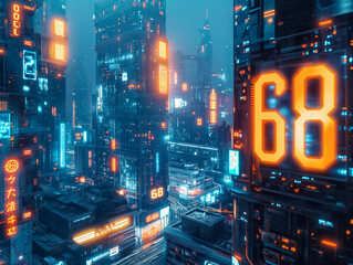 Wall Mural - A cityscape with neon lights and a large number 86 on a building. The city appears to be futuristic and technologically advanced