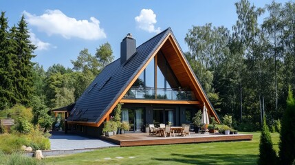 Comfortable Country Holiday . Cosy country house. Triangular house with a beautiful territory. A-frame house, A-frame home