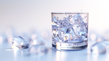 Water is splashing over ice cubes in a clear glass, creating ripples while sunlight reflects off the surface, enhancing the refreshing atmosphere