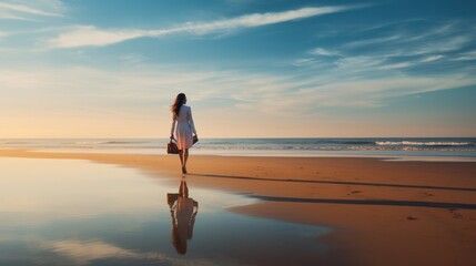 Wall Mural - a seasoned businesswoman walking along a serene beach