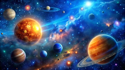 planets flying in space universe in a bright blue sky