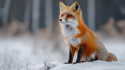 majestic red fox in snowy forest setting vibrant fur contrasts against pristine white landscape alert posture and piercing gaze capture the wild beauty of this woodland creature