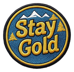 embroidered patch of mountains and trees, cut out - stock png.