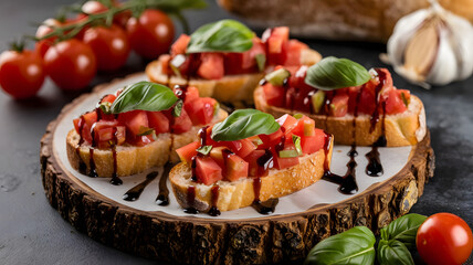 Wall Mural - A plate of bruschetta with toasted baguette slices topped with diced tomatoes, garlic, basil, and a drizzle of balsamic glaze, served on a rustic wooden board.