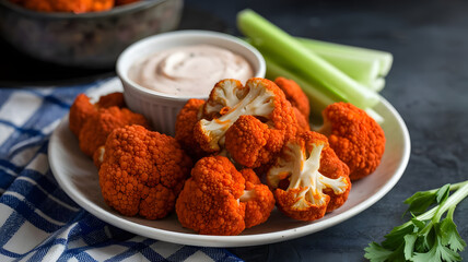 Wall Mural - A plate of buffalo cauliflower bites, crispy and spicy, served with a side of ranch dressing and celery sticks.