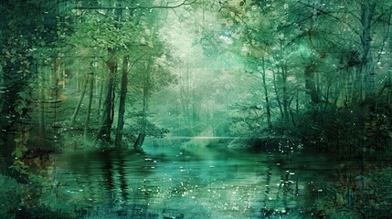 Canvas Print - Tranquil forest background with subtle ripples and light reflections in greens