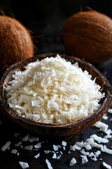 Coconut flakes in wooden bowl closeup view