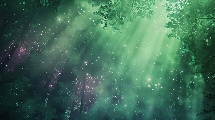 Wall Mural - Mystical forest background with glowing shapes and light flares in deep greens