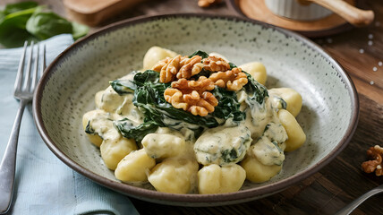 Wall Mural - A plate of gnocchi with a creamy gorgonzola sauce, topped with sautéed spinach and toasted walnuts, served in a shallow bowl.