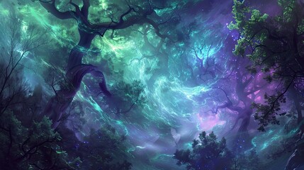 Wall Mural - Otherworldly forest backdrop with glowing lights and swirling textures in purples