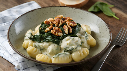 Wall Mural - A plate of gnocchi with a creamy gorgonzola sauce, topped with sautéed spinach and toasted walnuts, served in a shallow bowl.