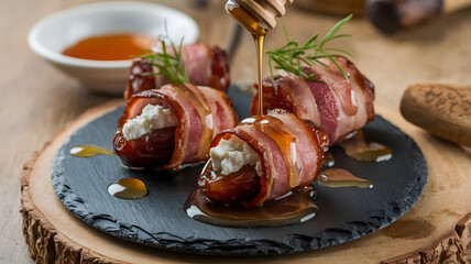 Wall Mural -  A serving of bacon-wrapped dates stuffed with goat cheese, drizzled with honey, and served on a small black slate.