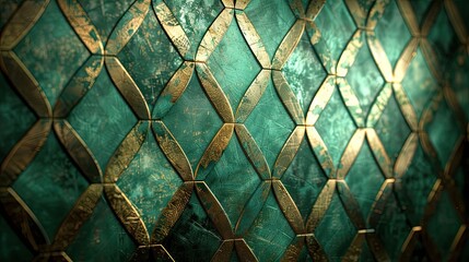 Canvas Print - Art Deco wallpaper with diamond shapes in gold and deep green enhanced by jade gradients for a sophisticated backdrop