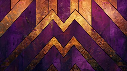 Canvas Print - Bold zigzag patterns in gold and black with light reflections on a purple gradient background for Art Deco style