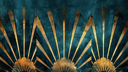 Canvas Print - Abstract Art Deco wallpaper with sunburst motifs in gold and deep blue highlighted by glowing effects and turquoise gradients