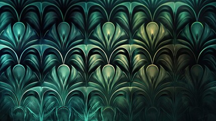 Stylized silver wave patterns on a teal and emerald gradient Art Deco background