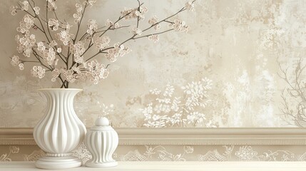 Wall Mural - Vintage sepia wallpaper with lace and hand-drawn botanical illustrations overlay