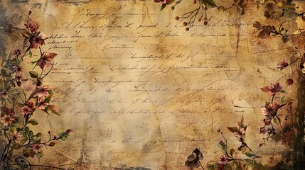 Wall Mural - Faint handwritten script with floral borders on a vintage parchment background