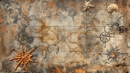 Canvas Print - Old nautical charts and faded sea creatures on a maritime backdrop full of adventure