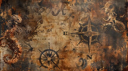 Sticker - Nautical charts and compass roses on an antique maritime background for exploration