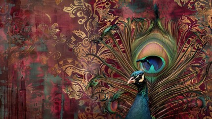 Wall Mural - Elaborate peacock feather designs in jewel tones on a subtly aged Victorian vintage backdrop