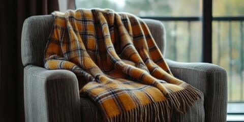 Poster - Yellow plaid blanket on a gray armchair.