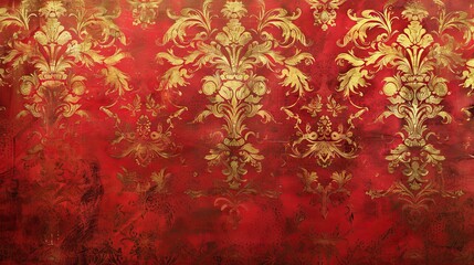 Wall Mural - Baroque background with bold crimson red and golden floral vines slightly worn and aged