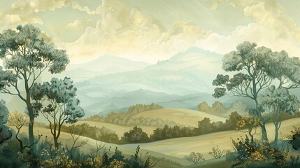 Sticker - Detailed Baroque mural of a classical landscape with rolling hills and trees in muted greens and gold accents